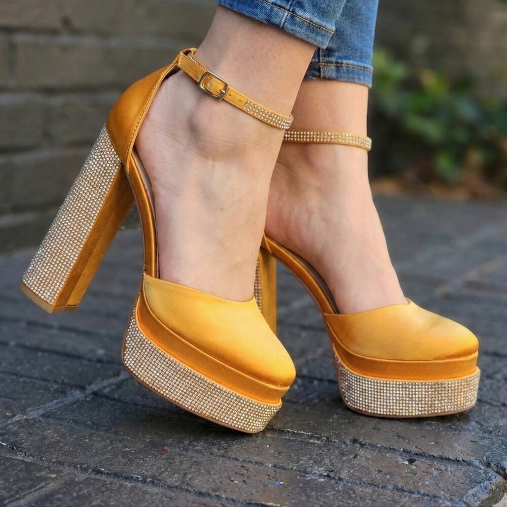 Azalea Wang Gold Satin Rhinestone Platform Block Heels - Size 11